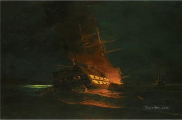 The burning of a Turkish frigate 2 by Konstantinos Volanakis Naval Battle Oil Paintings